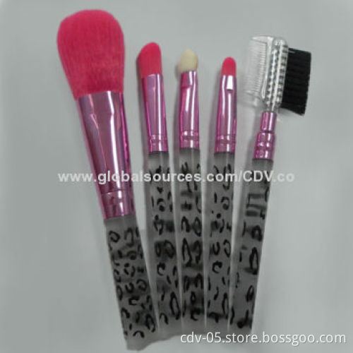 5-piece gift makeup brush set, plastic handle and aluminum ferrule with great synthetic hair